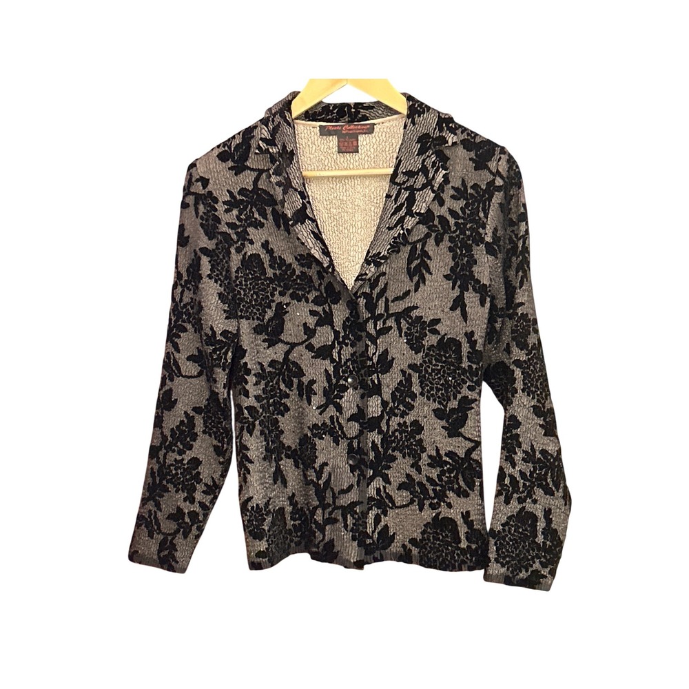 Pleats Collection Floral Velvet Burnout Button Down Top Gray Black Large